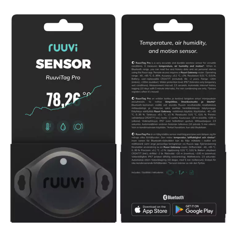 RuuviTag Pro Sensor 3in1 draadloze temperatuur-, luchtvochtigheids- en bewegingssensor