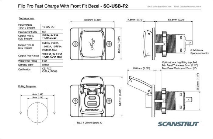ScanStrut Flip Pro snellader IPX4 waterdicht USB-A en USB-C aansluiting 12-24 V met montageplaat