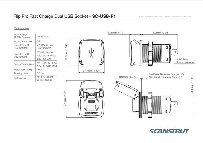 ScanStrut Flip Pro snellader IPX4 waterdicht USB-A en USB-C aansluiting 12-24 V