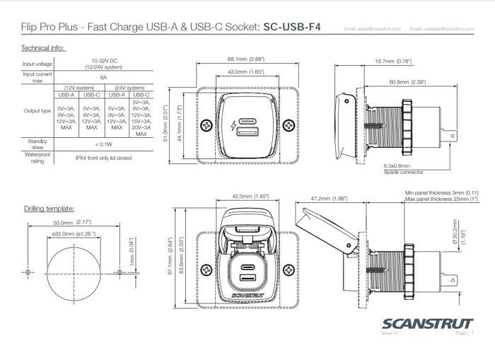 ScanStrut Flip Pro Plus snellader IPX4 waterdicht USB-A en USB-C aansluiting 12-24 V