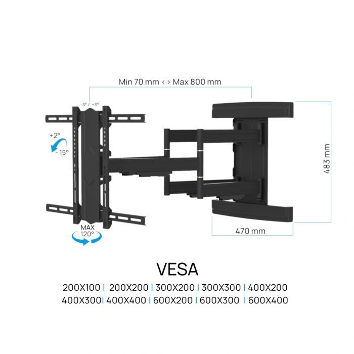 Cavus WME602 TV muurbeugel 180 graden draaibaar, geschkt voor 37-80 inch