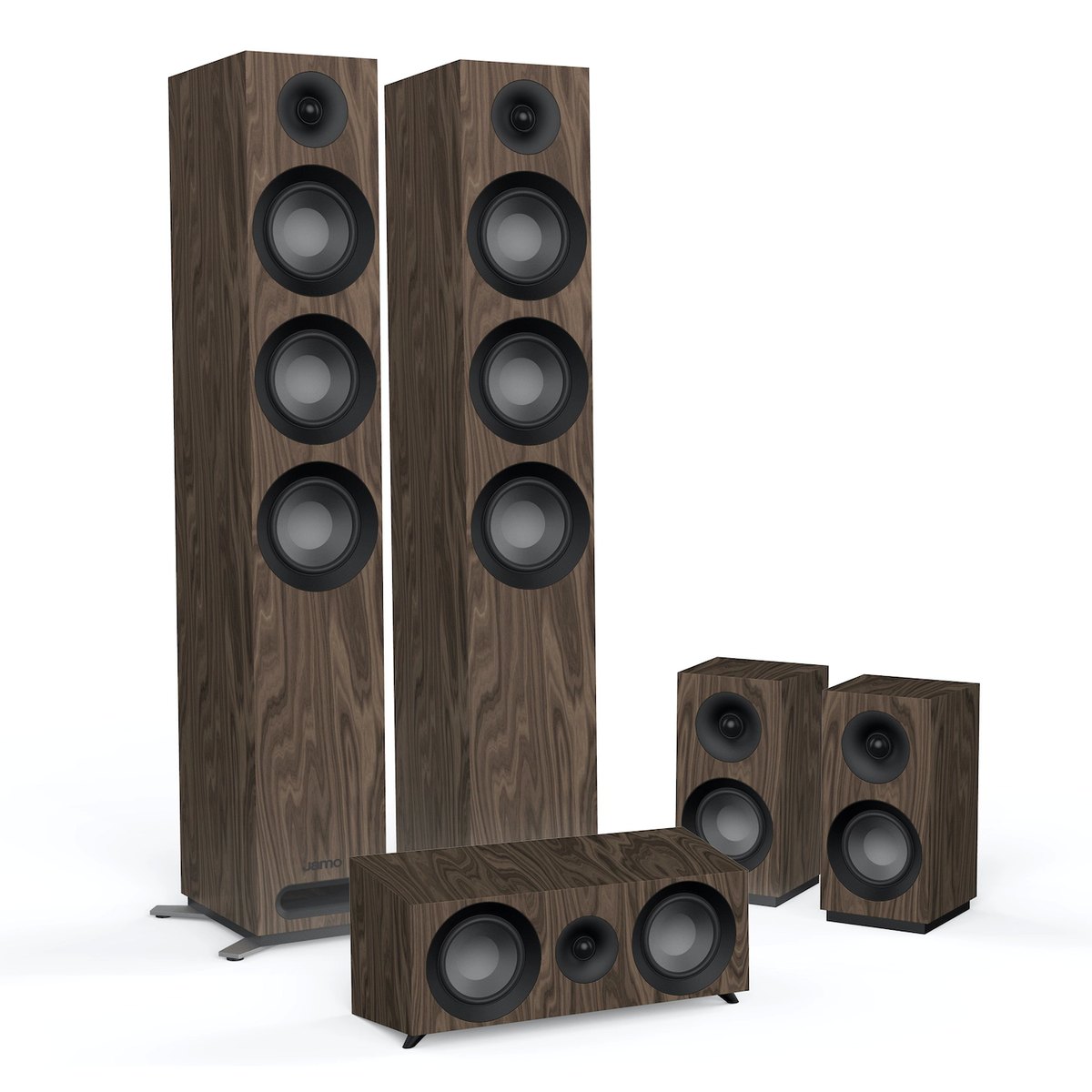 Jamo S809HCS WALNUT front zuilen en rear boekenplank speakers set met center