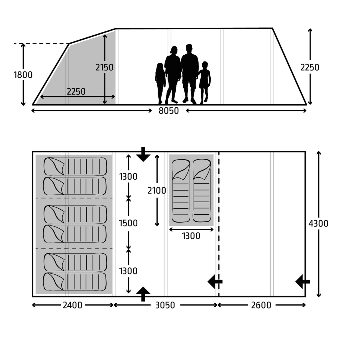 Kampa Studland 8 AIR opblaasbare familie Tunneltent, geschikt voor 4-8 personen