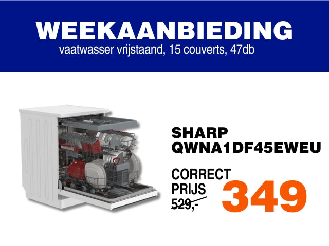 Sharp QWNA1DF45EWEU Vaatwasser met RVS kuip en Turbo Dry systeem