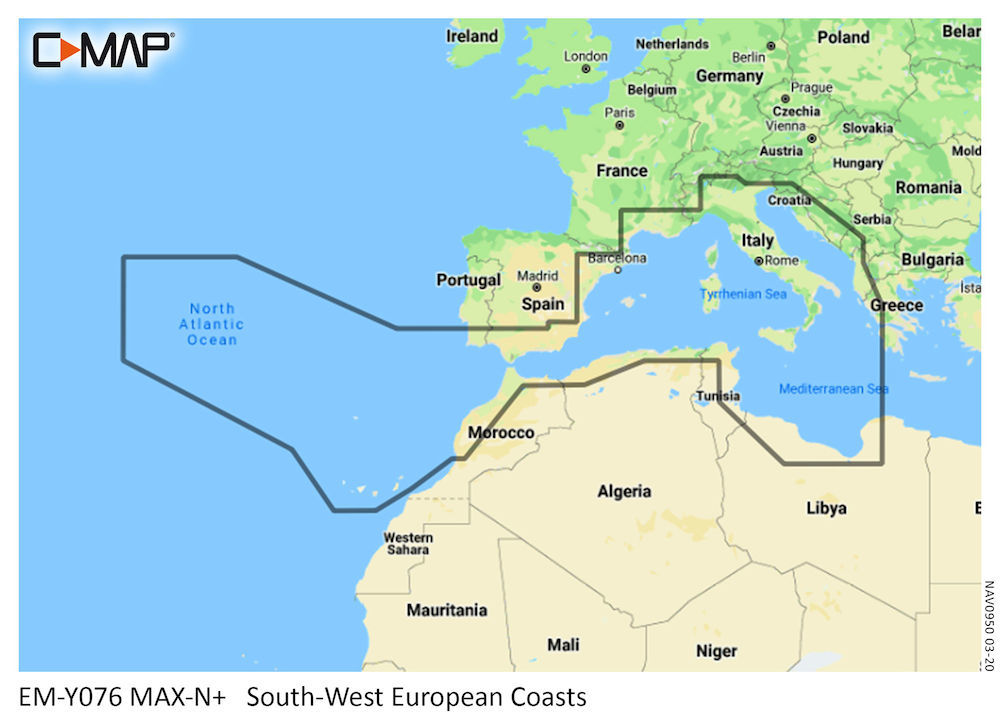 C-Map MAX-N+ EW-Y076 South-West Europese kust waterkaart