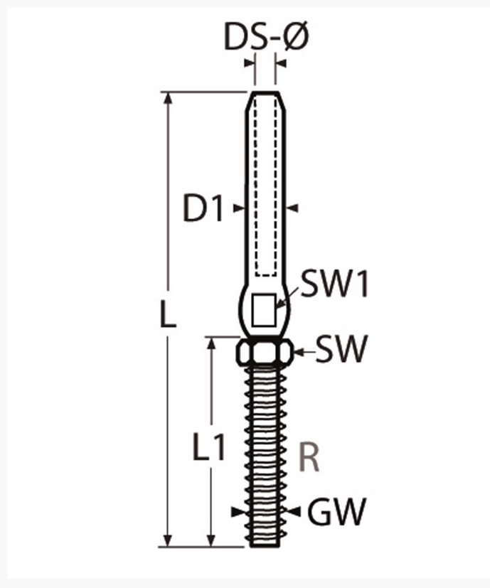 Marinetech 8307406/4 Studterminal met Moer Rechts M6x110 mm