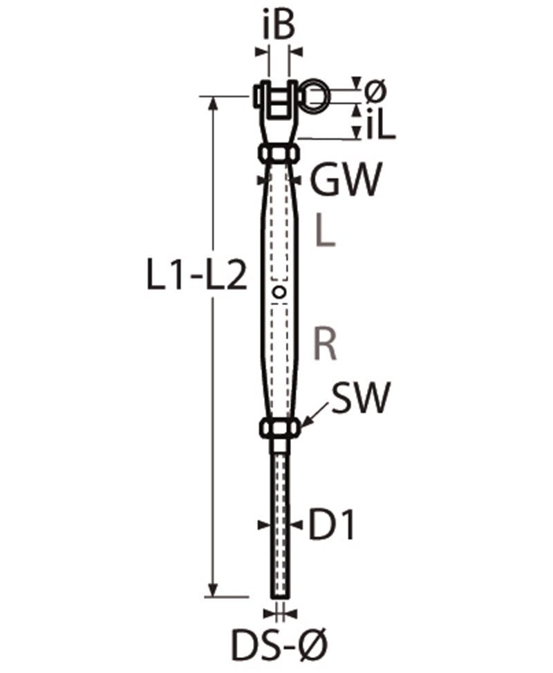 Marinetech Wantspanner M16 met Walsterminal en Gaffel, gedraaid, touw 8mm