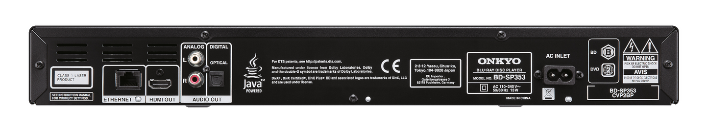 Onkyo BD-SP353S BD-Live, DivX Plus HD, AVCHD-compatible, 1080p Upscaling, USB