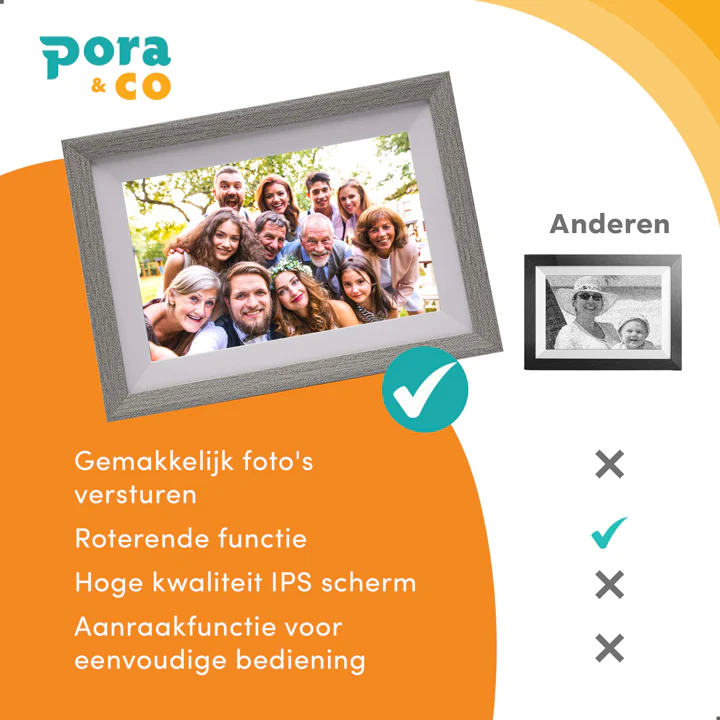 Pora & Co Digitale fotolijst 10 inch met WiFi en Frameo App wit met zilver