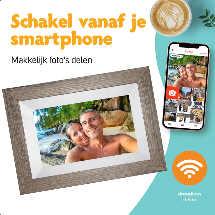 Pora & Co Digitale fotolijst 8 inch met Wifi en Frameo app donkerbruin