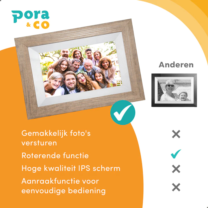 Pora & Co Digitale fotolijst 8 inch met Wifi en Frameo app donkerbruin