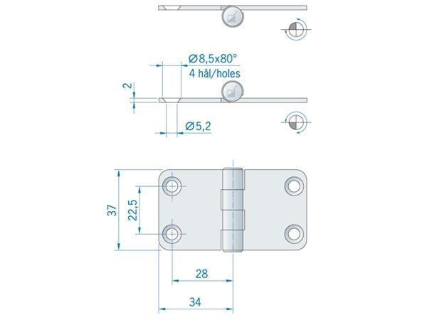 Rocna Vlakscharnier 68x37 mm met ronde hoeken